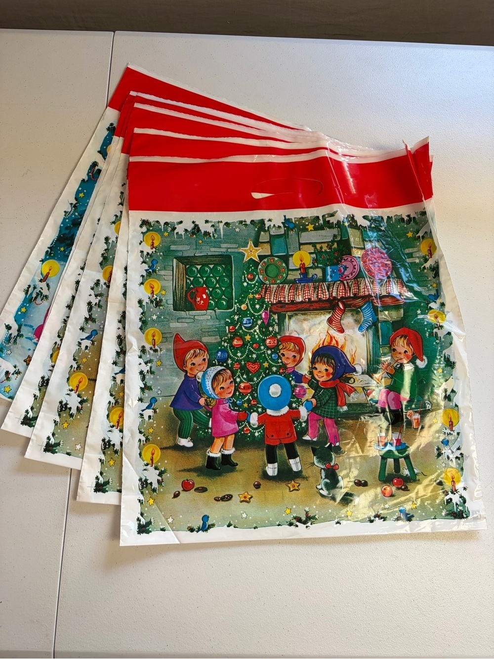 Vintage lot of Kitsch Christmas Plastic Shopping bags Gift Wrap Retro 80s German